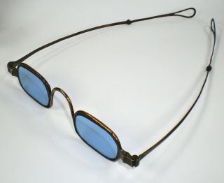 Antique Ca.  1850 Spectacles With Blue Lenses & Folding Temples Vintage