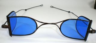 Antique Civil War Era Double D Railroad Spectacles Blue Lenses Vtg Eyeglasses