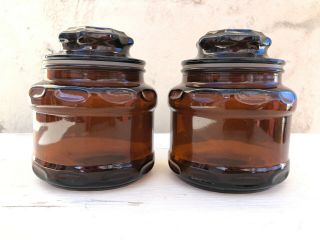 Set Of 2 Vintage Small Amber Apothecary Jars With Rubber Glass Lids Stoppers