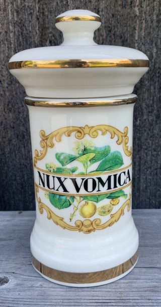 Vintage Drug Store Porcelain Apothecary Container Jar & Lid Pharmacy Nux Vomica