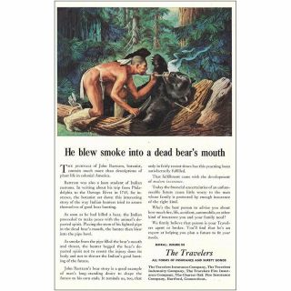 1947 Travelers Insurance: Blew Smoke Into A Dead Bears Vintage Print Ad