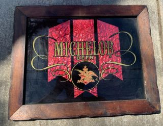 Vintage Michelob Beer Bar Mirror Sign Antique Wooden Framed Gold Red Mancave