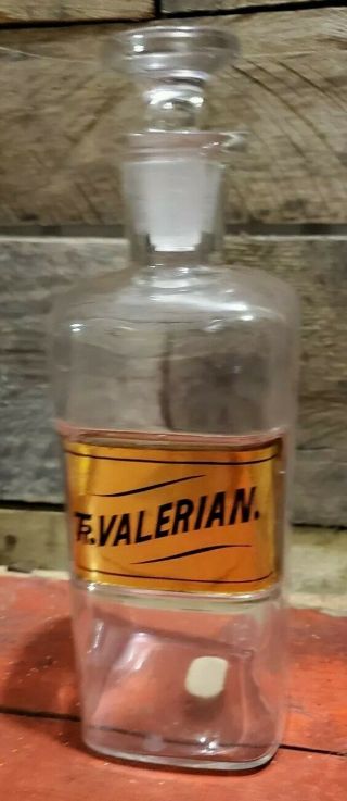 1800s Apothecary Medical Jar Label Under Glass Tr.  Valerian Gold Label L.  U.  G