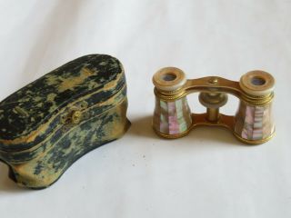 Antique Lemaire Paris Opera Glasses Mother - Of - Pearl Brass Case Binocular (y233)