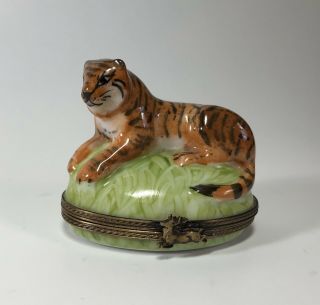 Vintage Limoges France Tiger Trinket Box Signed Stripped Cat Porcelain