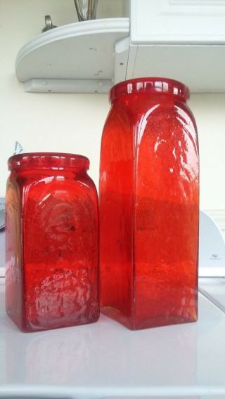 Antique Red Blown Glass (2) Apothecary Jar - Vase - Jardiniere - Bottle - Urn