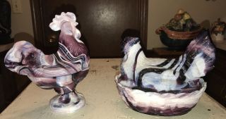 Slag Glass Marbled Purple & White Vintage Large Hen On Nest & Pedestal Rooster