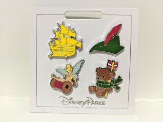 Disney Parks Peter Pan Tinker Bell Themed 4 Pin Pack Set On Card Exclusive