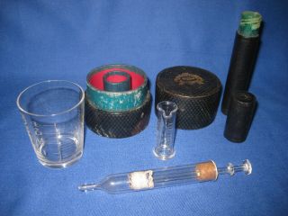 Antique Medical Apothecary Leather Case Travel Medicine Glass / Syringe Glass