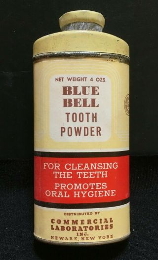 Antique Tooth Powder Tin: Blue Bell N.  Y.  W/full Contents Red,  Yellow Health Drug