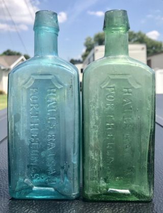Antique Apothecary Bottles Hall’s Balsam For The Lungs Green & Blue