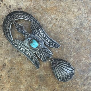 Vintage Native Signed W.  Douglas Turquoise & Sterling Silver Peyote Bird Pendant