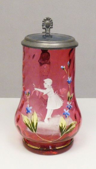 Antique Red Mary Gregory Lidded Glass Beer Stein Tankard