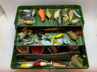 Vintage Metal Climax Tackle Box Full Of Lures,  Reels Etc Fishing Cabin Decor