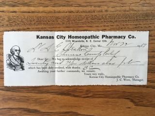 Antique Kansas City Homeopathic Pharmacy Receipt 1909 Missouri Medical