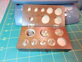 Vintage Antique? Unknown Mfg.  Brass Balance Scale Weights With Wood Box