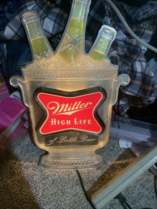 Vintage Miller High Life Light Up 3 Bottle Bucket Beer Sign Bar