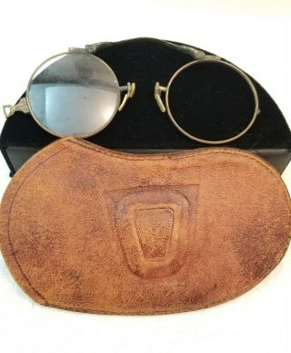Antique Vintage Round Pinch Eye Glasses Spectacles With Leather Pouch