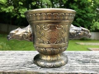 Antique Solid Brass Apothecary Pharmacy Mortar With Eagle Head Handles 8 " Wide