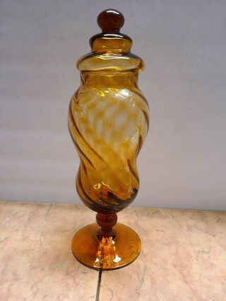 Vintage Amber Color Apothecary Jar Optic Swirl With Lid