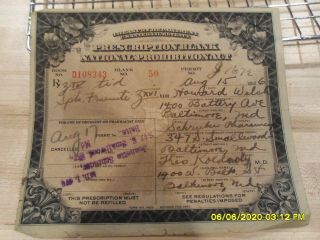 Prohibition Liquor Prescription Dated August 15,  1926,