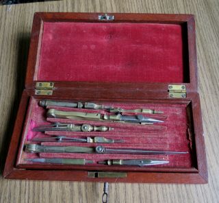 Antique Drafting Set In Wooden Case
