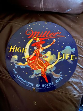 Miller High Life Beer Witch Porcelain Enamel Advertising Sign (round About 14”)