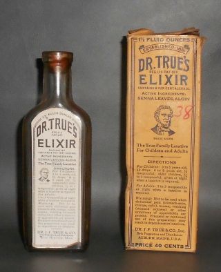 C1910 Antique Medicine Bottle & Box Dr.  True 