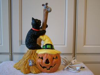 Vintage Halloween Black Cat Ceramic Pumpkin Light
