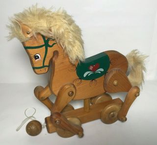 Vintage Wood Pull Along Horse With Ball Pull Hand Painted