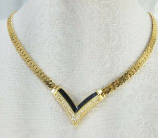 Vintage Chr Dior Gold Herringbone Chain Black Enamel Crystal Rhinestone Necklace