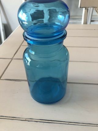 Vintage Aqua Blue Glass 9 " Apothecary Jar With Bubble Lid Made In Belgium