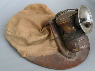 VINTAGE ANTIQUE COAL MINERS CLOTH CANVAS HAT With AUTOLITE CARBIDE LAMP 2