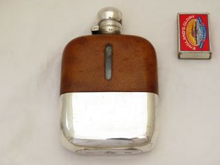 Large Vintage Silver Plated & Leather Spirit Hip Flask - Walker And Hall