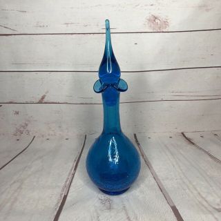 Vintage Blenko Crackle Glass Decanter Blue 14 " Bulb Tulip Vase Mid Century