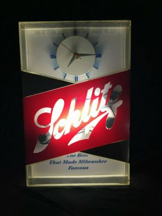 Vintage 1959 Schlitz Beer Brewing Company Lighted Sign With Clock Milwaukee