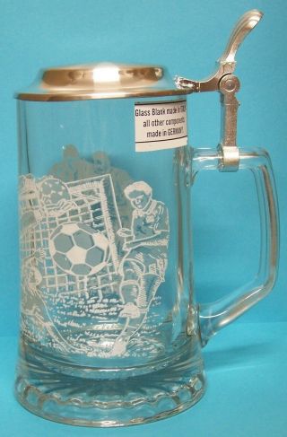 Beer Stein With Lid Acid Etched Glass Soccer Players 0.  4 Liter Boxed