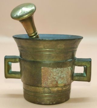 Vintage 2 " Antique Apothecary Solid Brass Mortar And Pestle Pharmaceutical 8 Oz