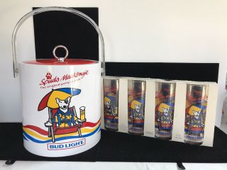 Vintage 1987 Bud Light Spuds Mackenzie Ice Bucket & 4 Matching Glasses