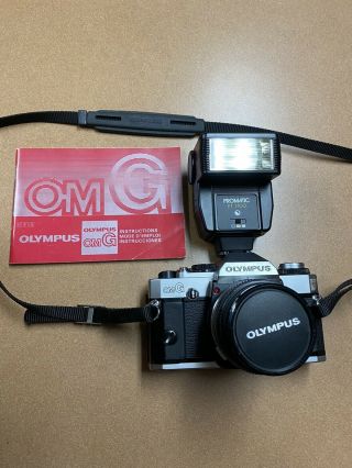 Vintage Olympus Omg 35mm Slr Film Camera With Olympus 50mm F/1.  8 Lens Flash