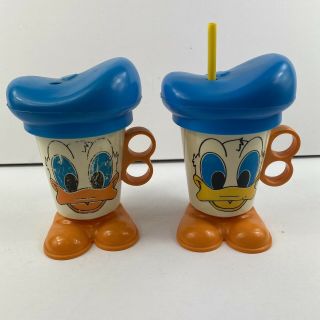 Vintage Disney Donald Duck Plastic Mug Straw Sippy Cup Lid Handle Shoes 2 Cups