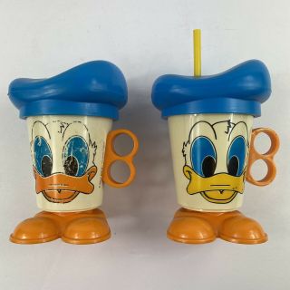 Vintage Disney Donald Duck Plastic Mug Straw Sippy Cup Lid Handle Shoes 2 Cups 2