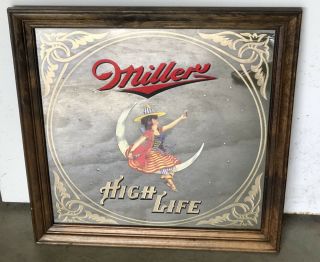 Vintage 1980 " S Miller High Life Beer Girl On Moon Framed Mirror Pub Bar Sign