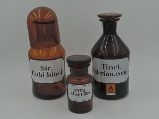 Vintage Set Of 3 German Amber Apothecary Medicine Jars Bottles W/labels