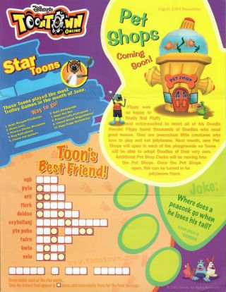 Disney Toontown Online Newsletter Poster August 2004 Pet Shop Adopt A Doodle