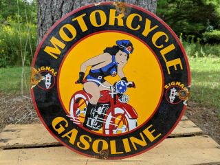 Vintage Old 1948 Signal Motorcycle Gasoline Porcelain Gas Station Pump Sign