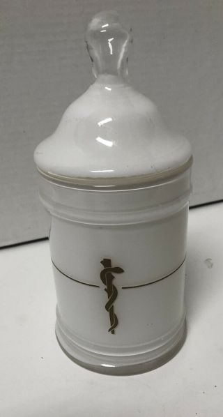 Vintage White Apothecary Jar With Lid,  Has Snake And Staff In Gold