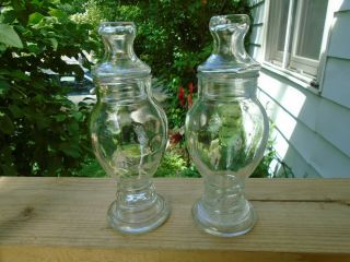 2 Vintage Clear Glass Apothecary Jar W/lid Heavy Base Drug Store Candy Jar