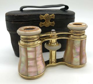 Antique French Mother Of Pearl Opera Glasses & Leather Case - - Pristine