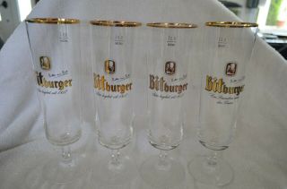 4 Vintage Bitburger Pilsner German Beer Pilsner Footed Glasses 0.  3 L 9” Barware